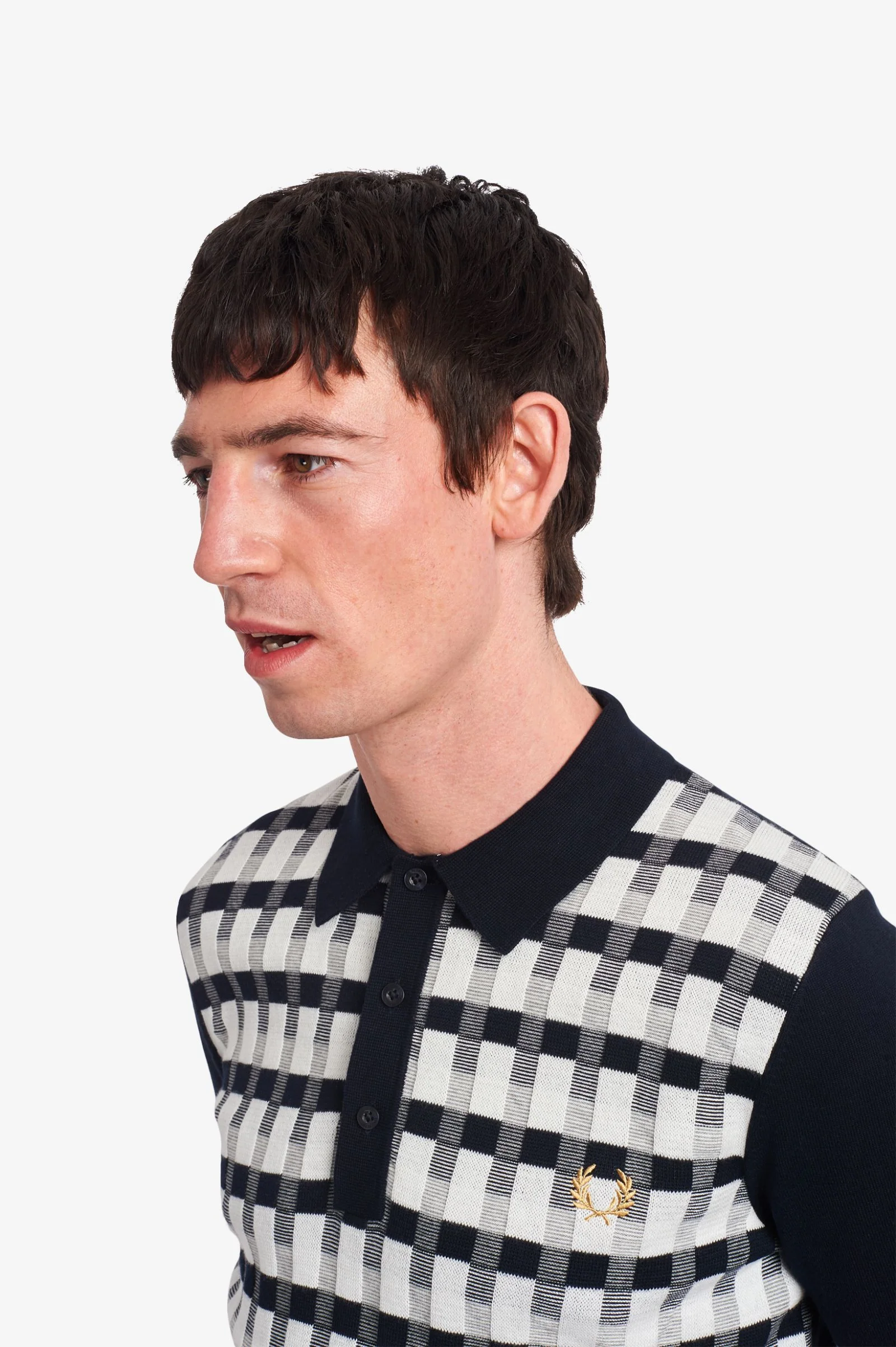 Navy Abstract Check Knitted Shirt - Image 3